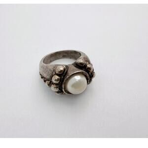 Vintage 60s Brutalist Sculptural Studio Ring Pewter & Faux Pearl